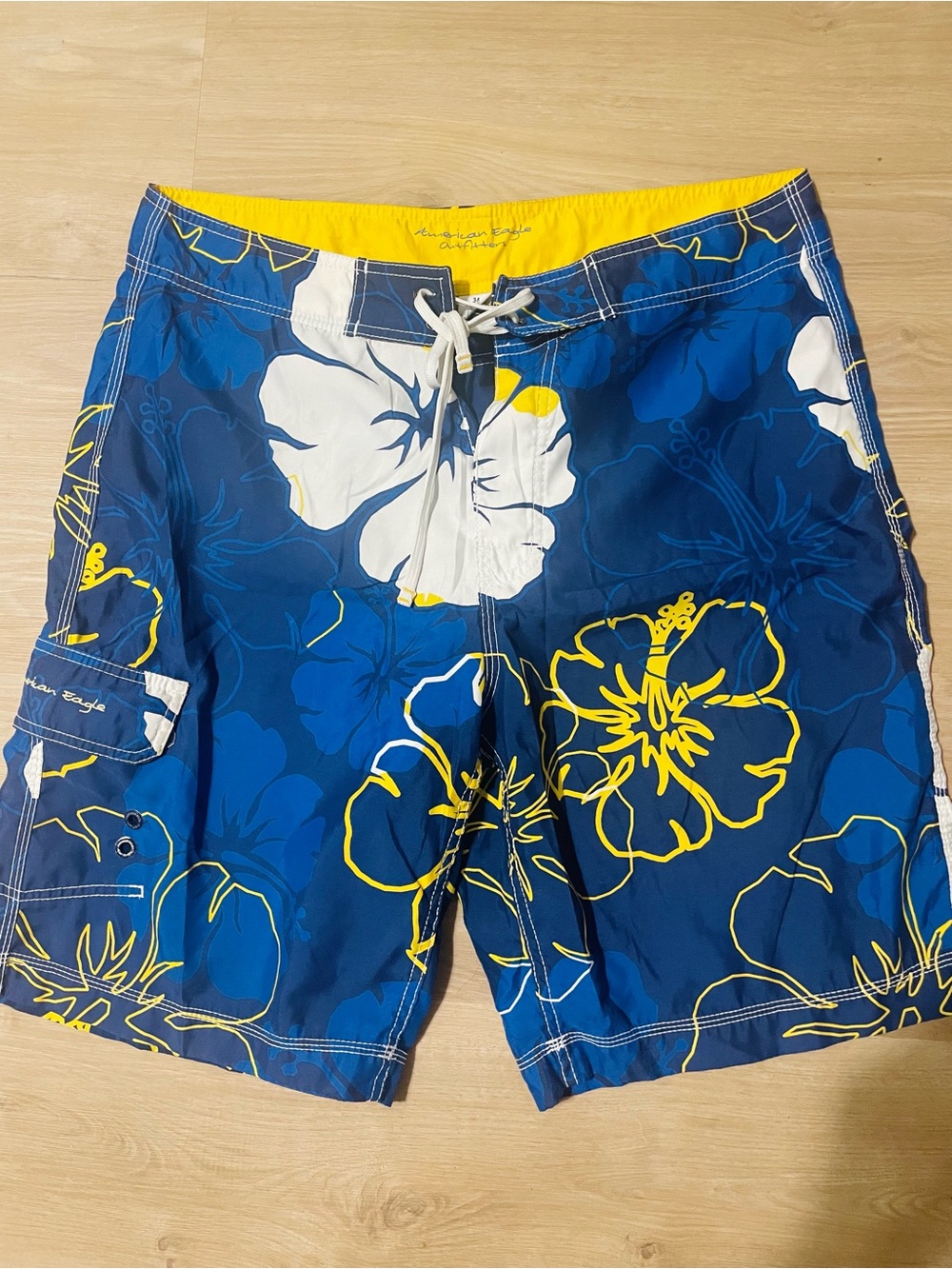 American Eagle Men's Navy Floral Swim Trunks - Yellow & White Accents